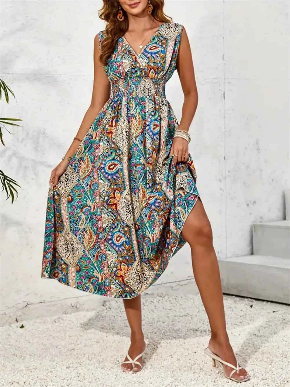 Smocked Printed Surplice Sleeveless Midi Dress