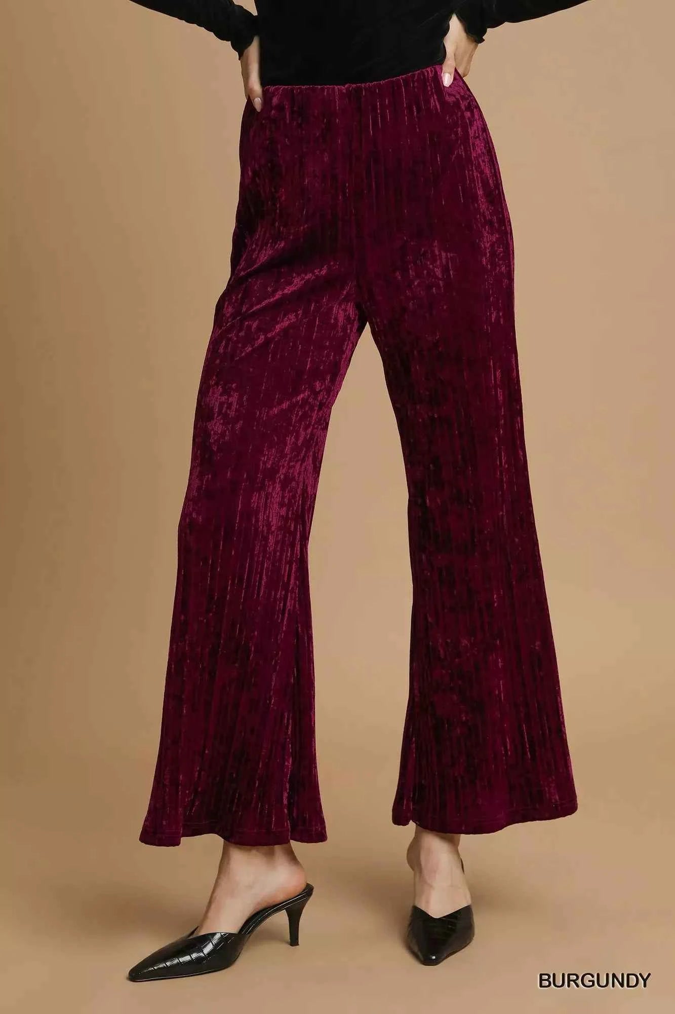 Umgee Velvet Pleated Wide Leg Pants
