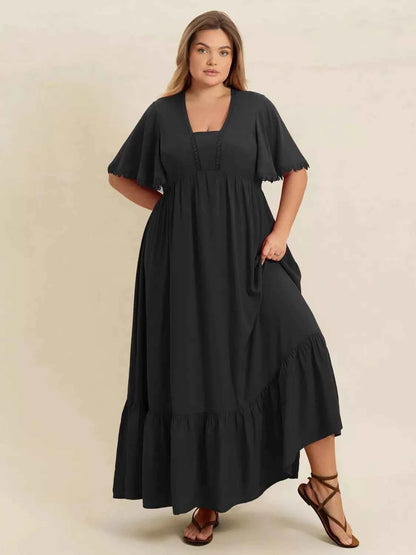 Plus Size Boho Ruffled Maxi Dress with Flutter Sleeves