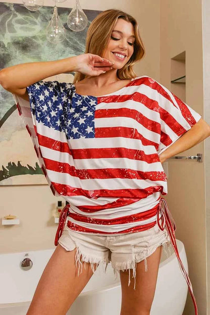 BiBi American Flag Printed Side Ruched Details Knit Top