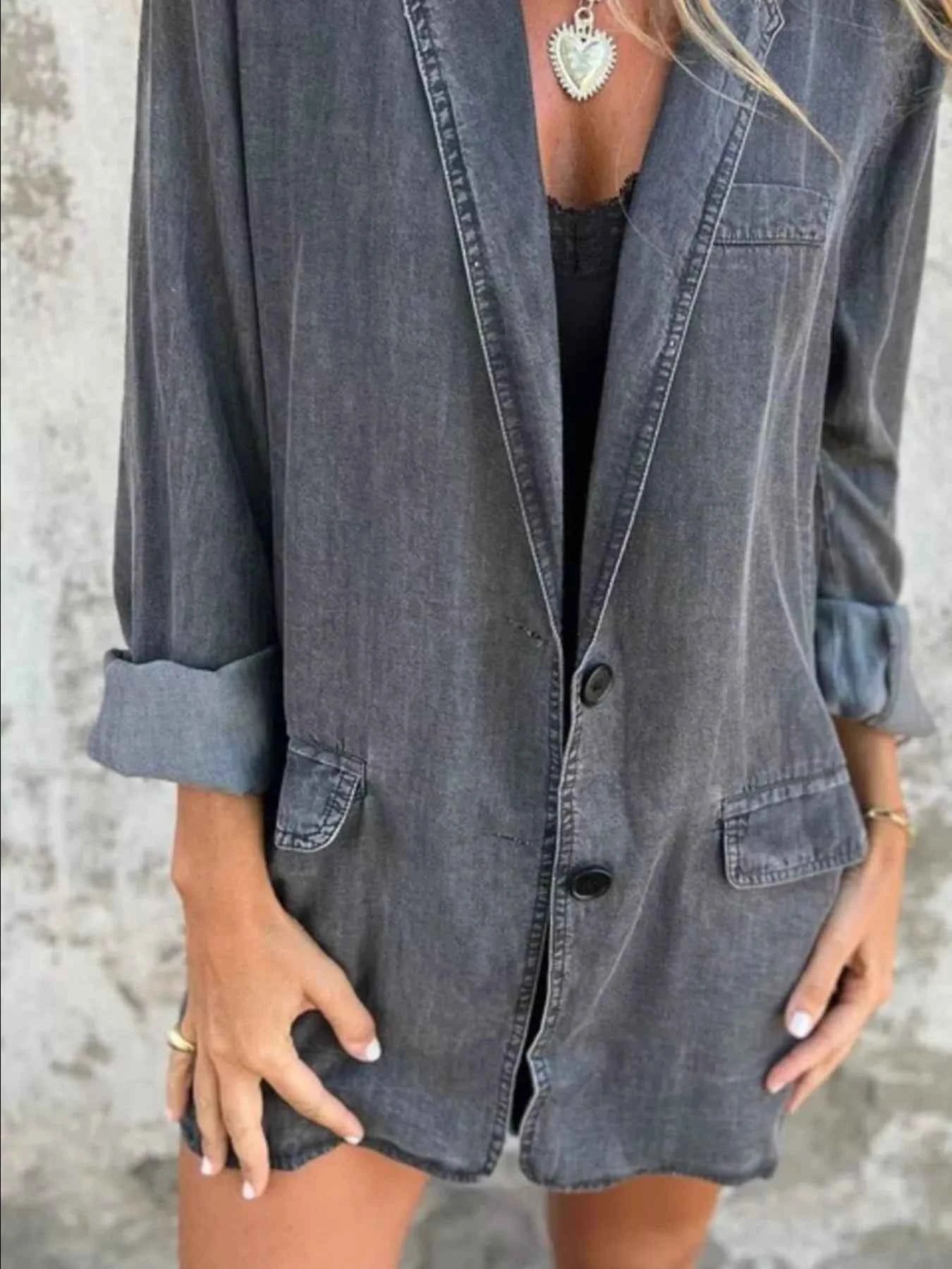 Full Size Button Down Denim Blazer Plus Size