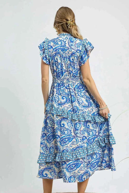 Umgee Paisley Print Ruffle Sleeve Midi Dress