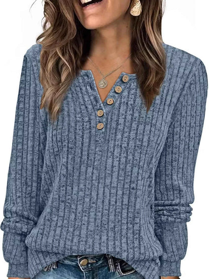 Ribbed Knit Button-Front Long Sleeve T-Shirt