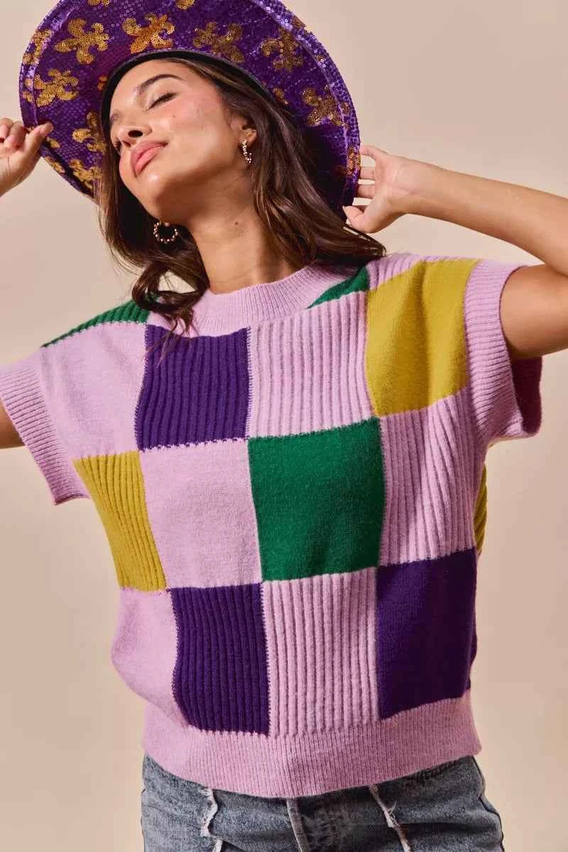 SO ME Mardi Gras Check Plaid Casual Sweater Top