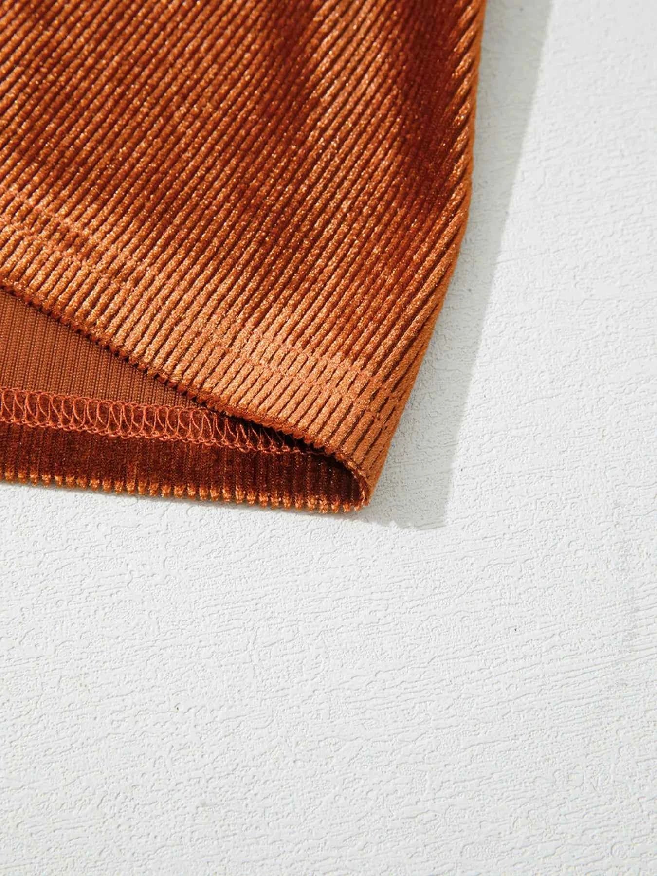 Velvet Ribbed Texture Square Neck Slim Puff Sleeve Top