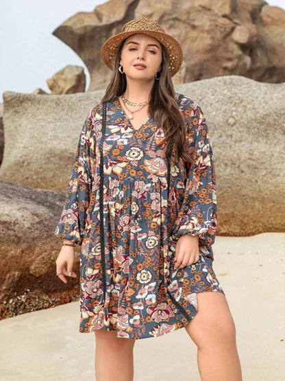 Plus Size Floral Print Long Sleeve Mini Dress
