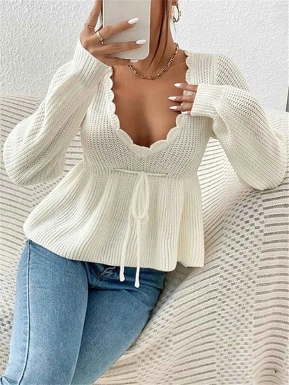 Scalloped V-Neck Drawstring Knit Top
