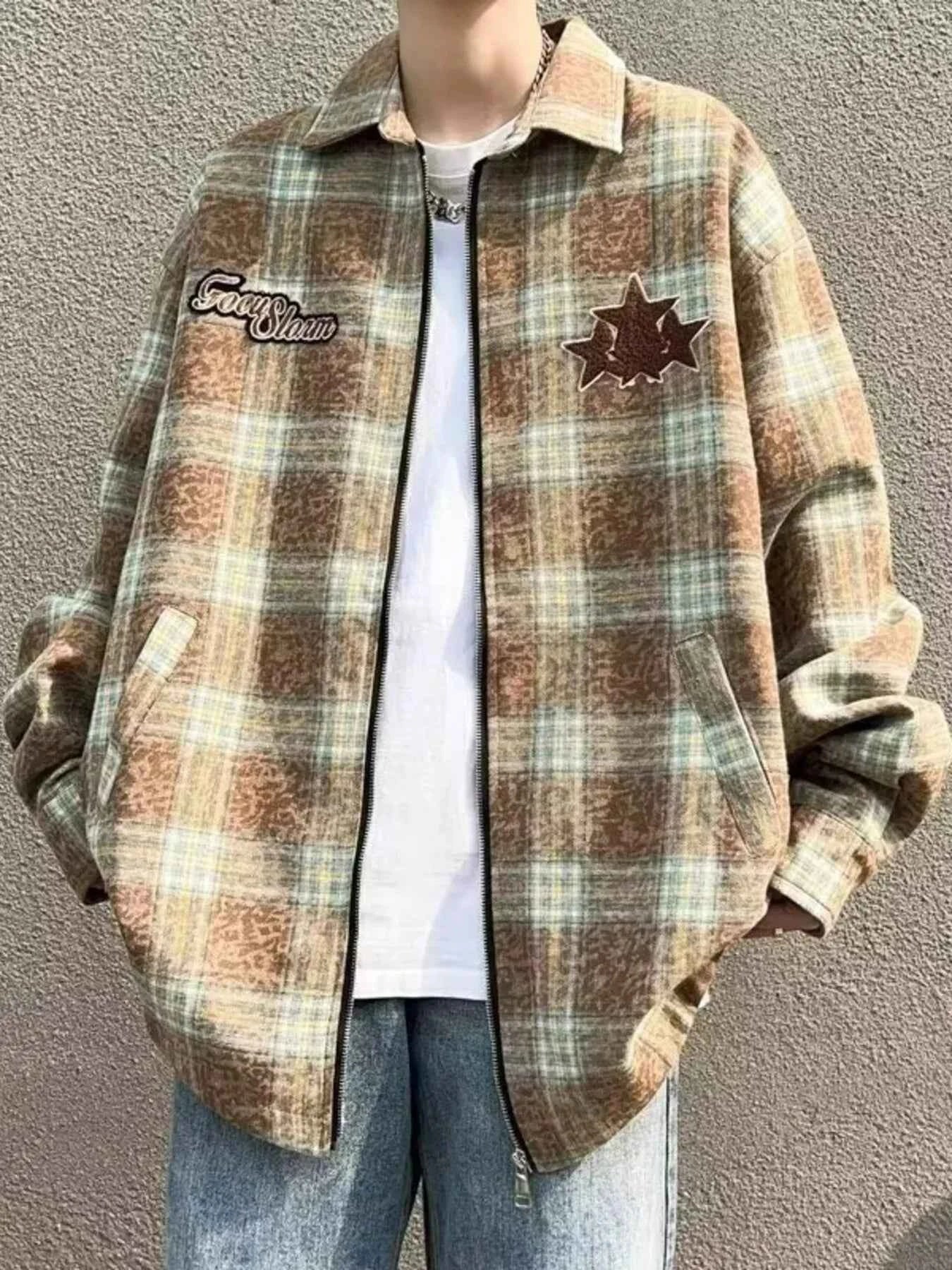 Men's Plaid Zip Up Long Sleeve Jacket
