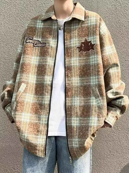 Men's Plaid Zip Up Long Sleeve Jacket