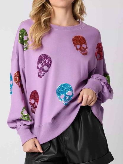 Halloween Colorful Skull Sequin Oversized Sweatshirt
