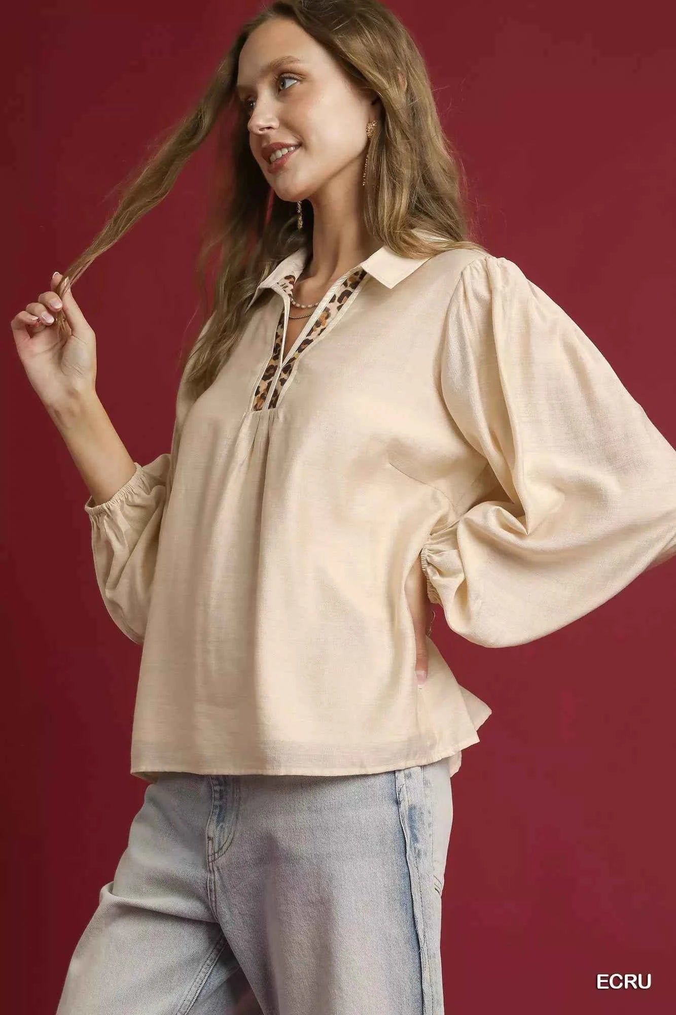 Umgee Long Sleeve Blouse with Leopard Print Trim