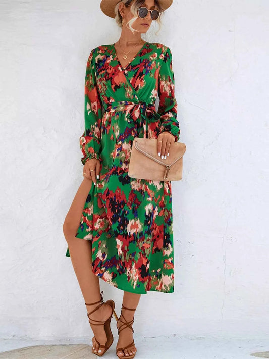 Printed Surplice Long Sleeve Midi Dress