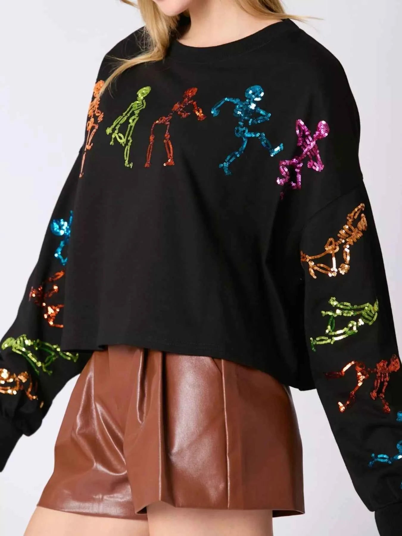Halloween Colorful Sequin Skeleton Sweatshirt