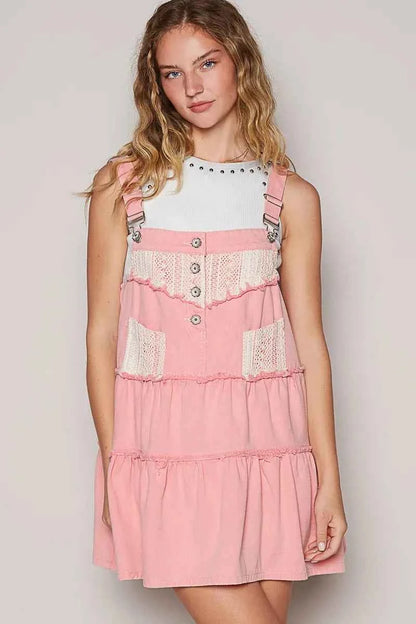 POL Lace Patchwork Detail Denim Overall Dress