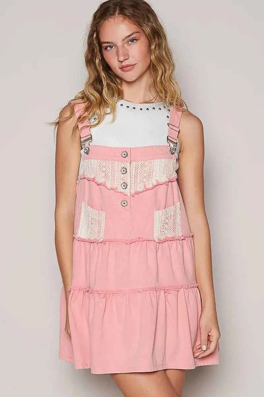POL Lace Patchwork Detail Denim Overall Dress
