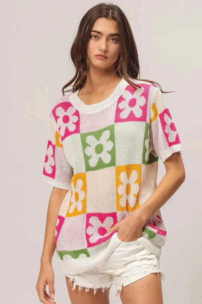 BiBi Flower Checker Pattern Lightweight Sweater Top
