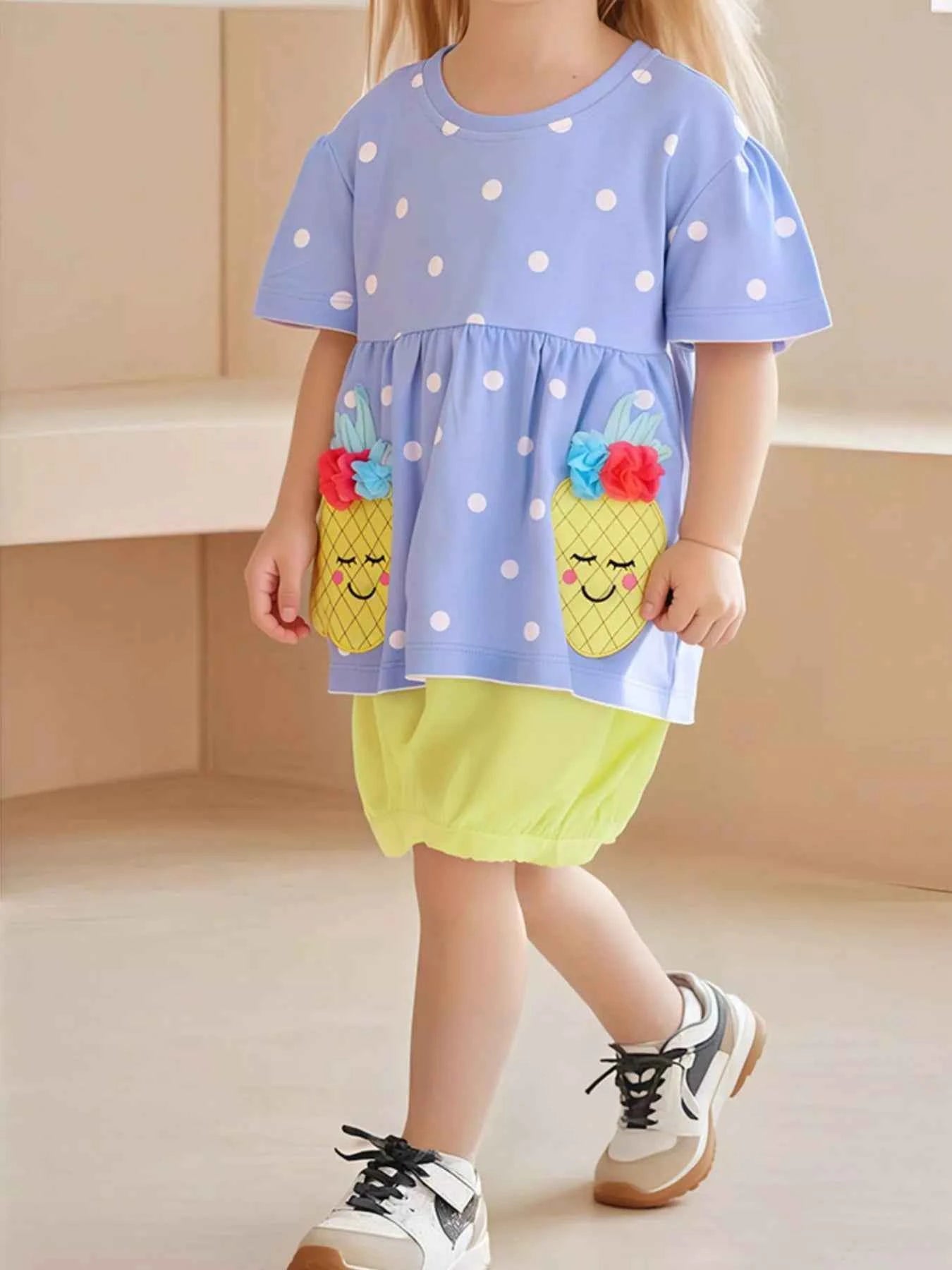Children's Pineapple Applique Polka Dot Tee and Shorts Set