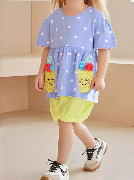 Children's Pineapple Applique Polka Dot Tee and Shorts Set