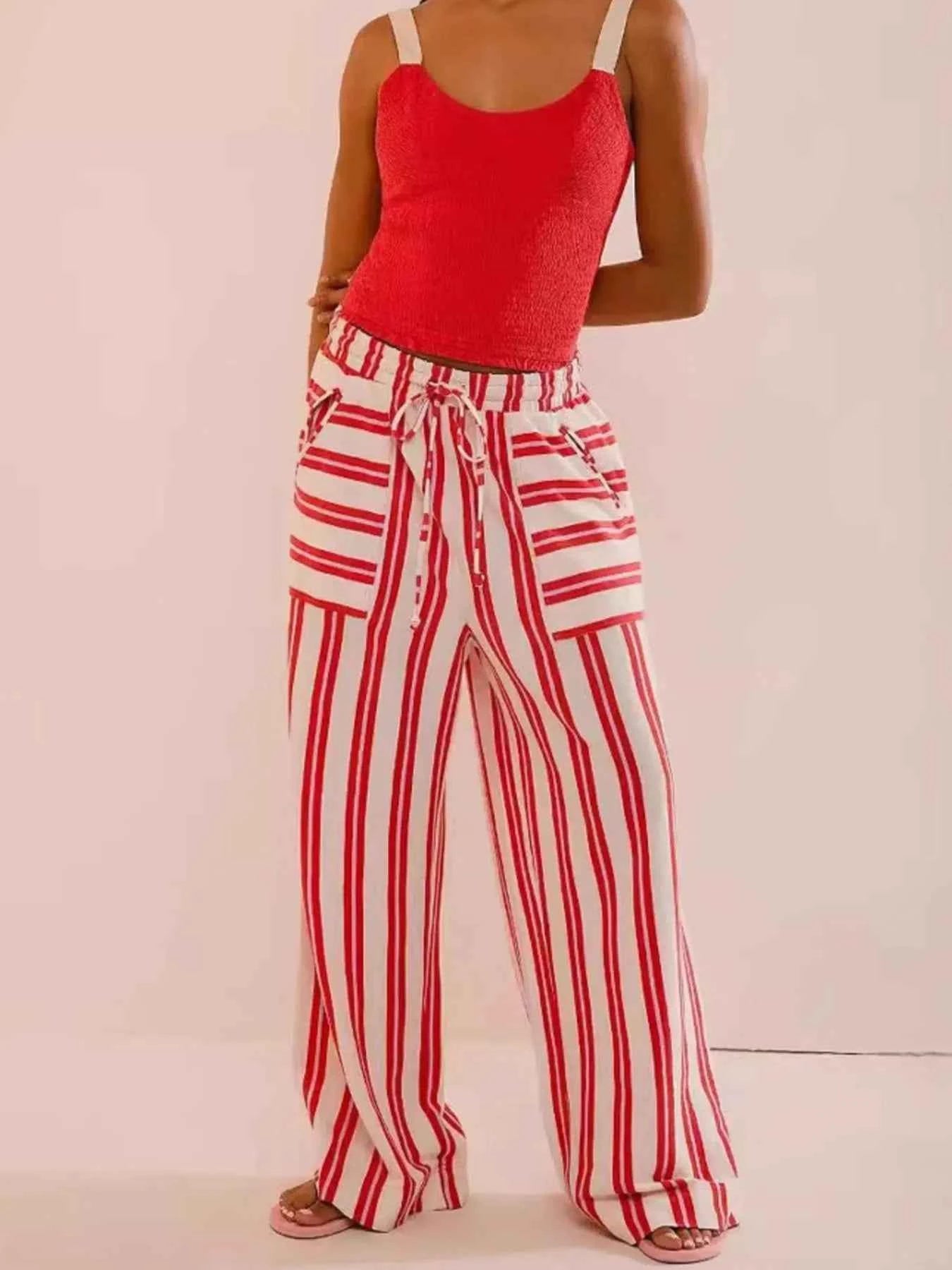 Striped Wide-Leg Drawstring Pants