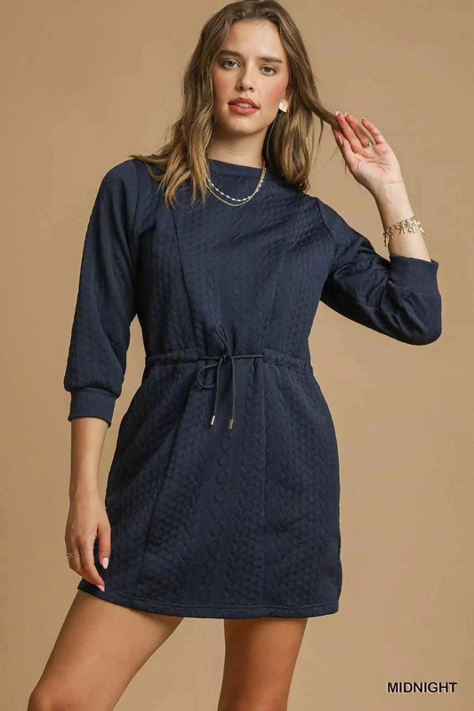 Umgee Drawstring Cable Knit Mini Dress with Pockets