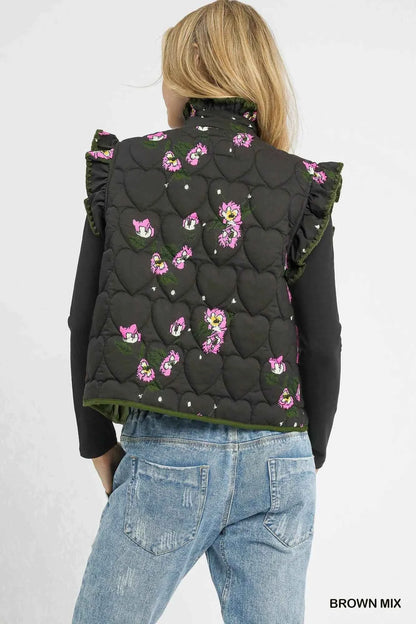 Umgee Ruffled Quilted Floral Snap Down Vest