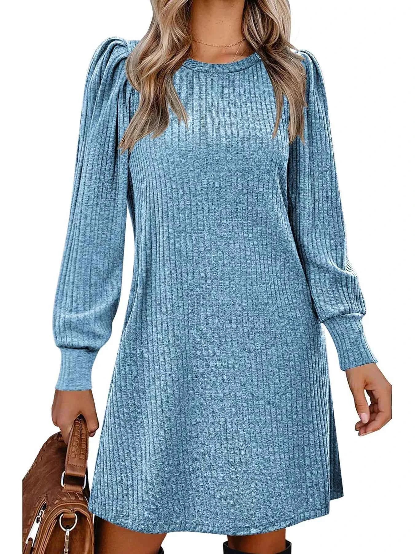 Ribbed Knit Puff Sleeve Casual Mini Dress