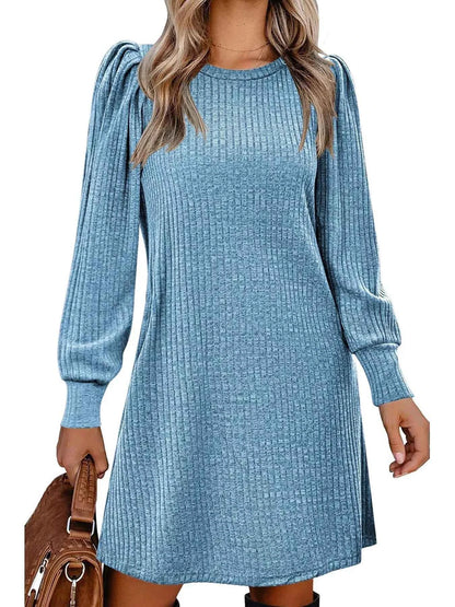 Ribbed Knit Puff Sleeve Casual Mini Dress