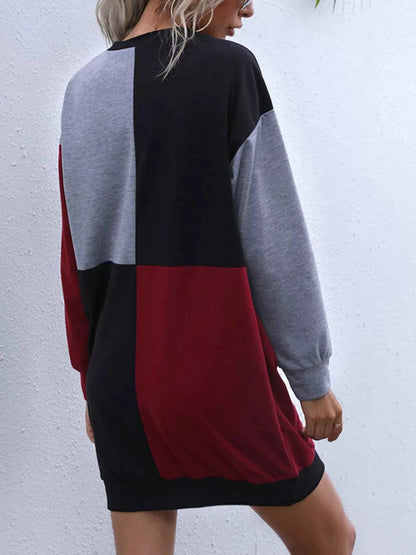 Color Block Casual Long Sleeve Mini Dress