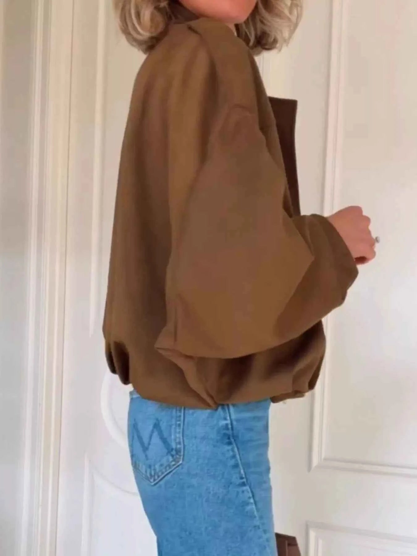 Zip Up Dropped Shoulder Suede Jacket