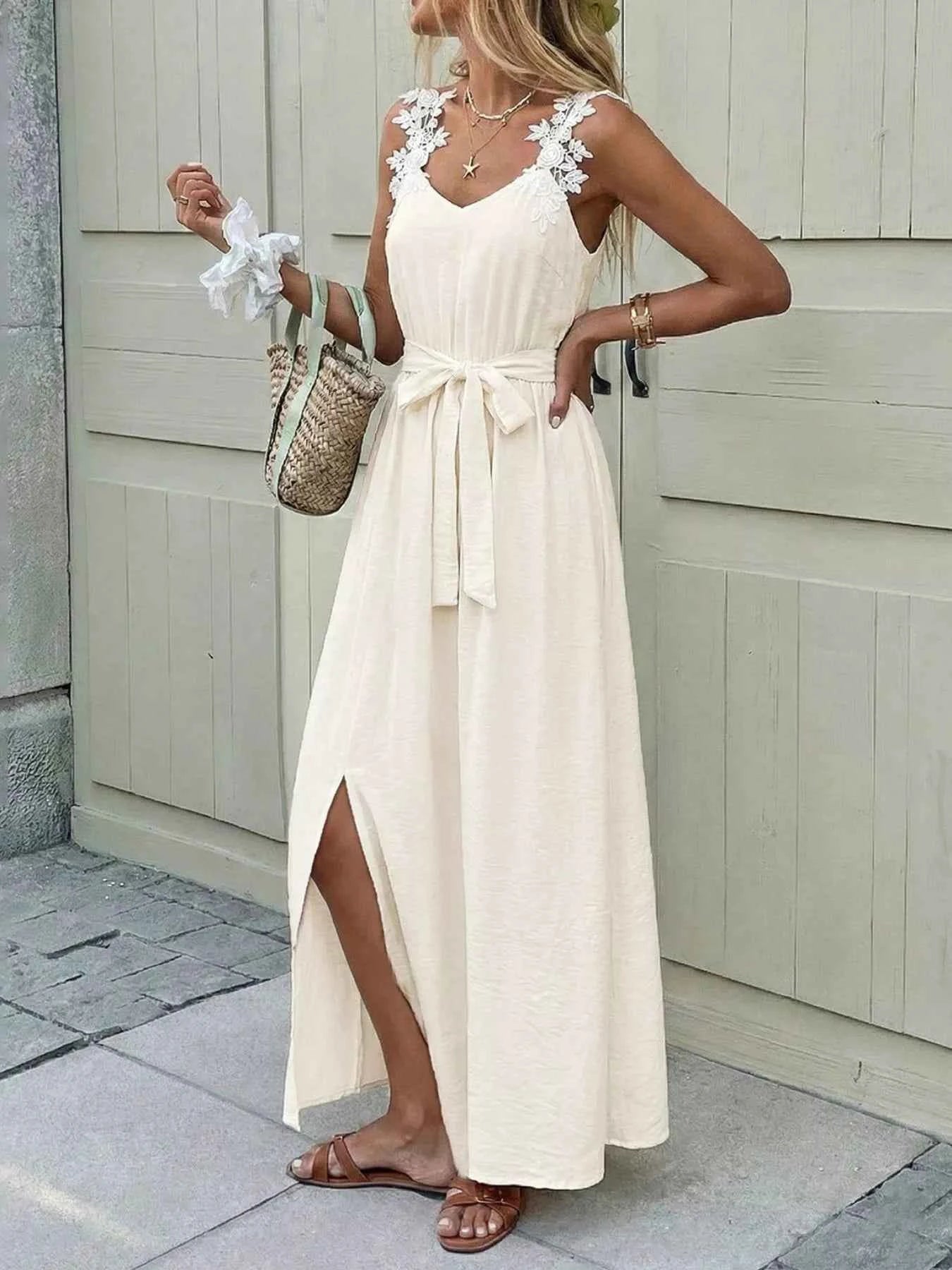 Lace Trimmed Slit Maxi Dress