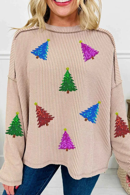 Sequin Christmas Tree Exposed Seam Drop Shoulder Ribbed Long Sleeve Top