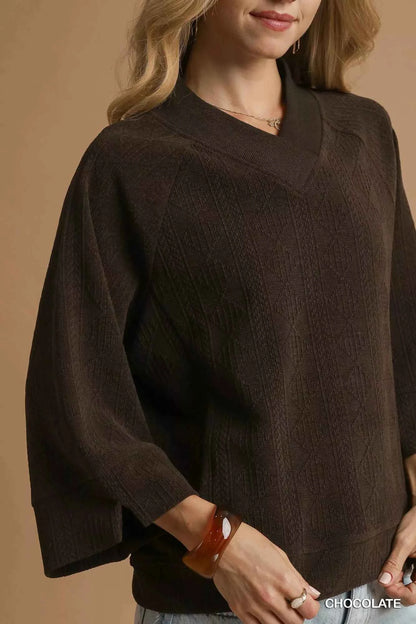Umgee Textured Knit V-Neck Top