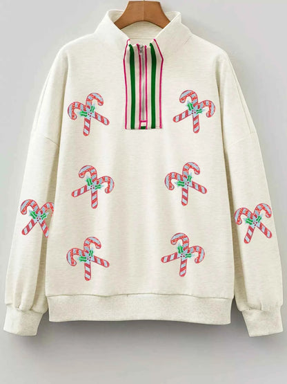 Sequin Candy Canes Contrast Collar Patchwork Loose Sweatshirt