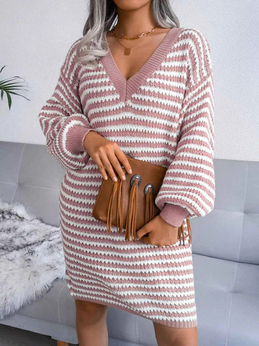 Striped V-Neck Long Sleeve Sweater Dress
