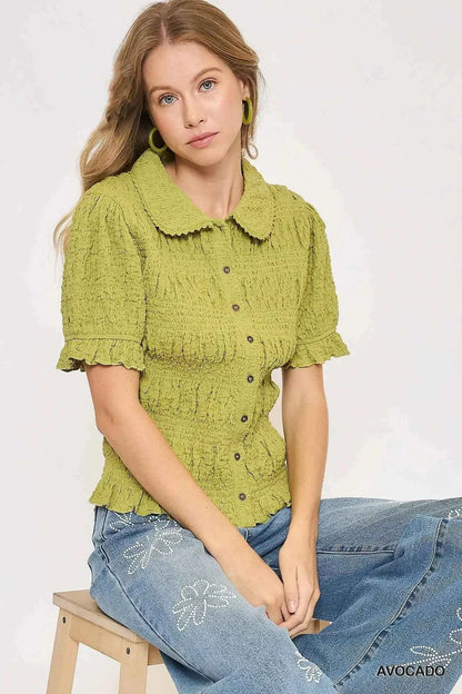 Umgee Smocked Short Sleeve Button-Front Shirt with Peter Pan Collar
