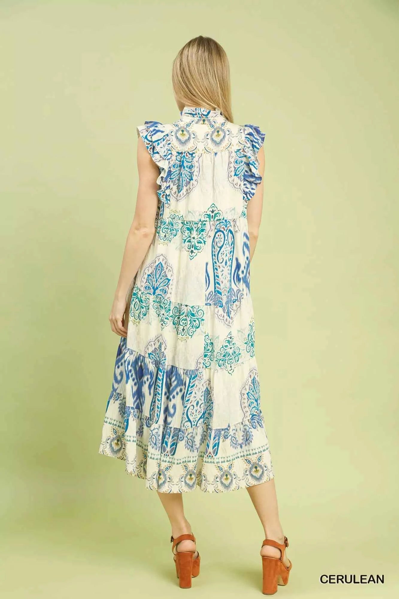 Umgee Boho Boarder Print Ruffle Midi Dress