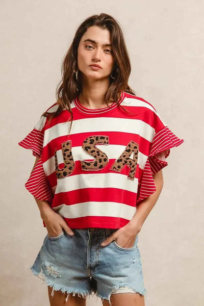 BiBi Stripe Mixed Ruffle Sleeve Top With Leopard Letter