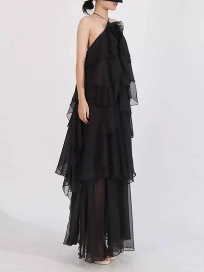 Ruffled Chiffon Halter Neck Maxi Dress