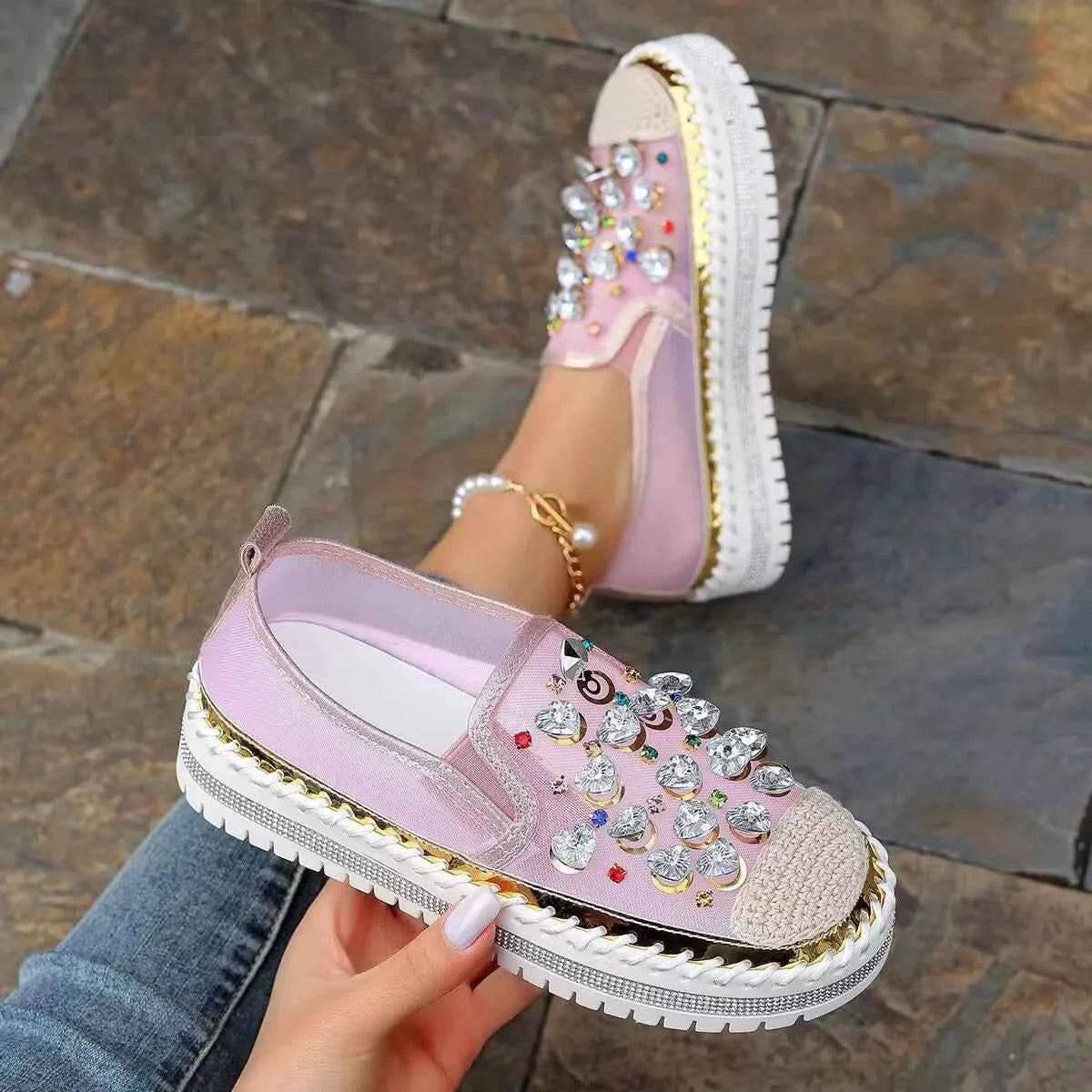 Rhinestone Decor Platform Loafers