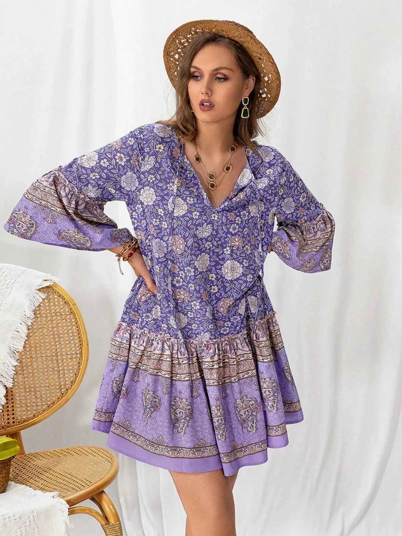 Plus Size Floral Print Ruffle Hem Mini Dress