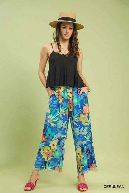 Umgee Floral Print Wide Leg Pants
