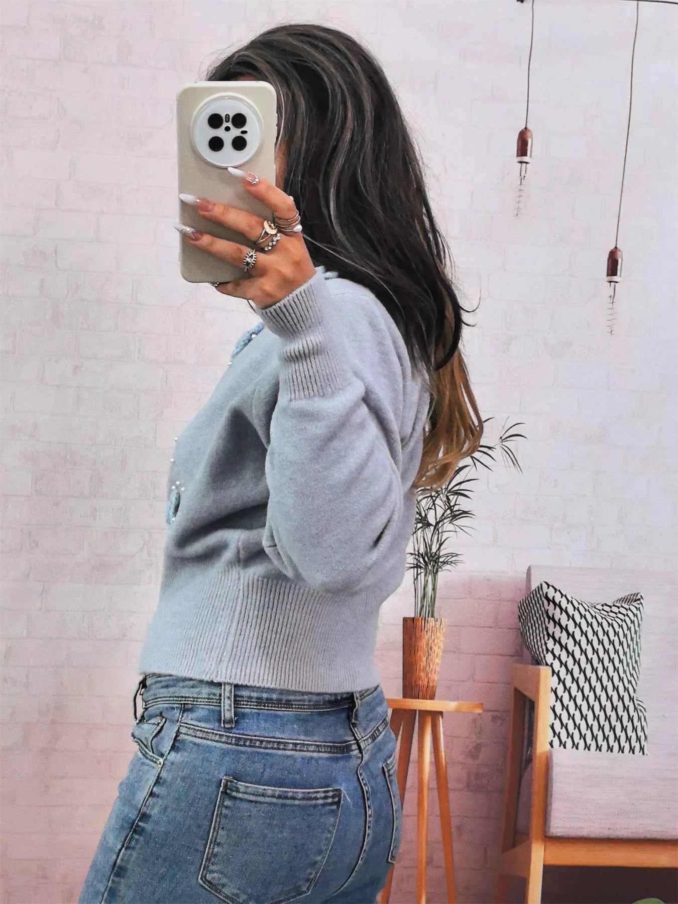 Flower Pearl Detail Ribbed Hem Sweater