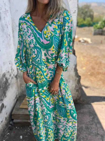 Full Size Printed V-Neck Dress with Pockets Plus Size