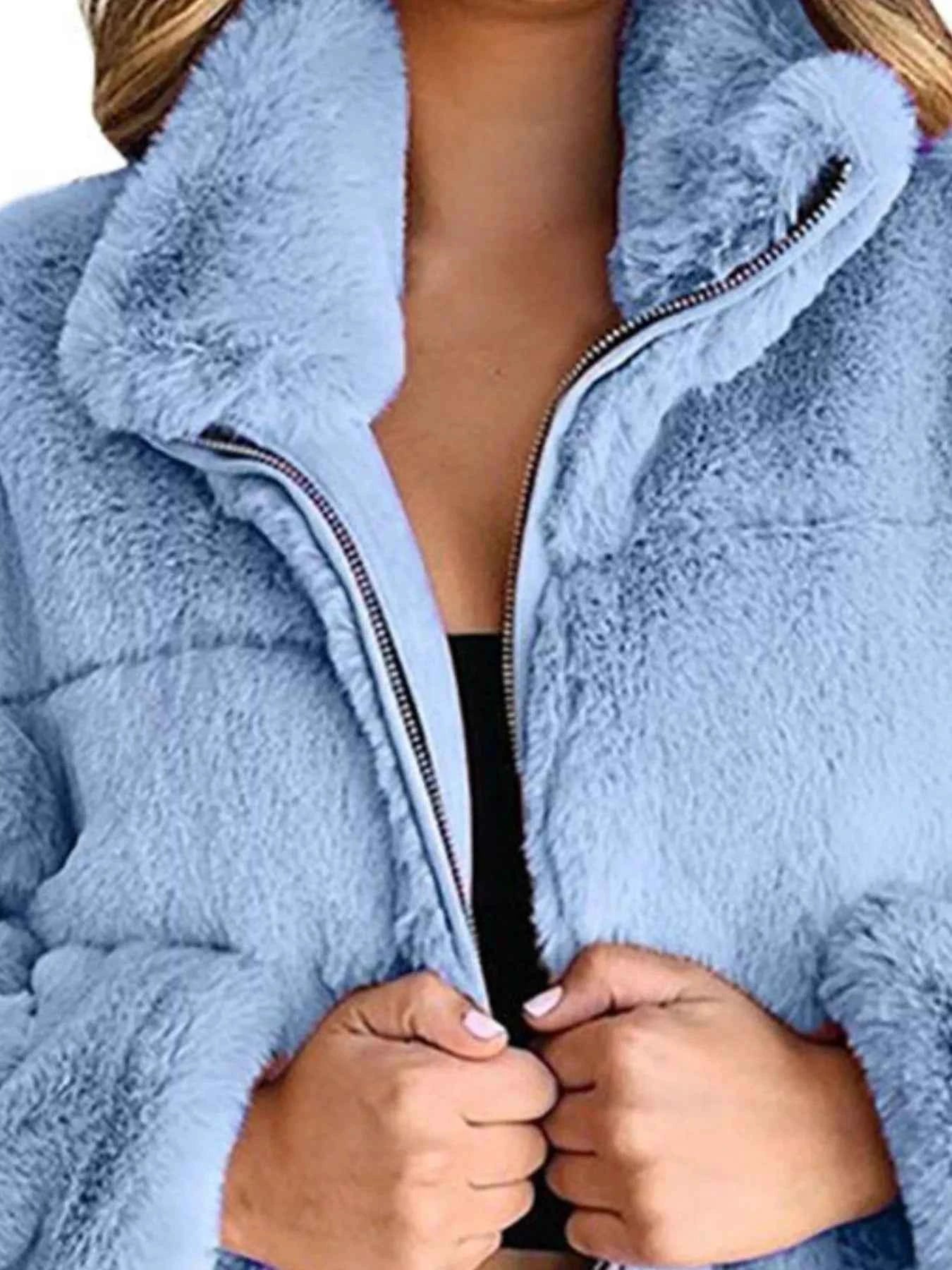 Full Size Faux Fur Cropped Zip-Up Jacket Plus Size