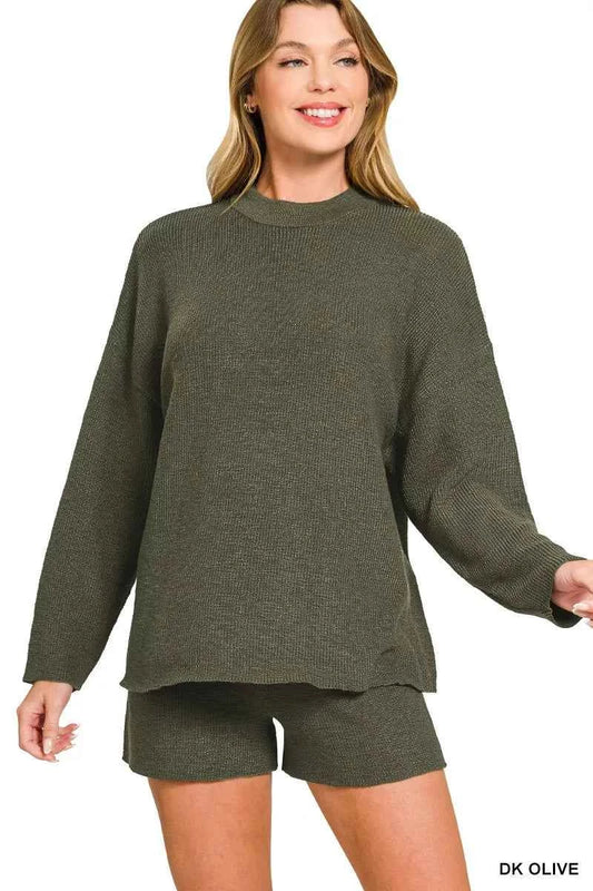 Zenana Round Neck Knit Top and Shorts Sweater Set