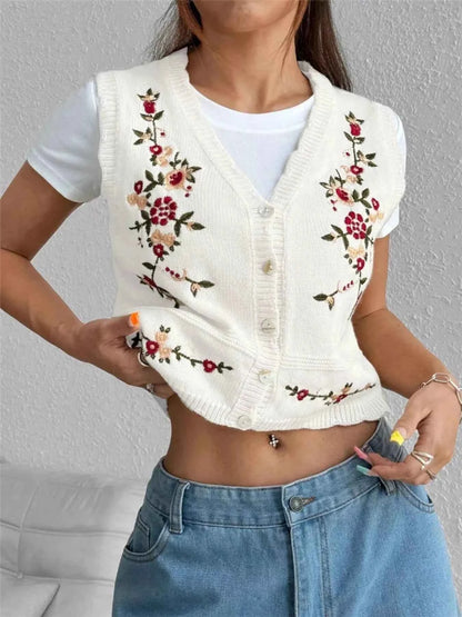 Embroidered Button Up Sweater Vest