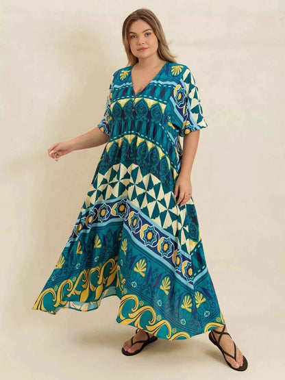 Plus Size Printed V-Neck Half Sleeve Midi Dress