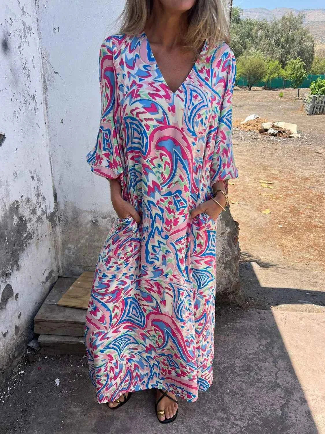 Full Size Printed V-Neck Dress with Pockets Plus Size