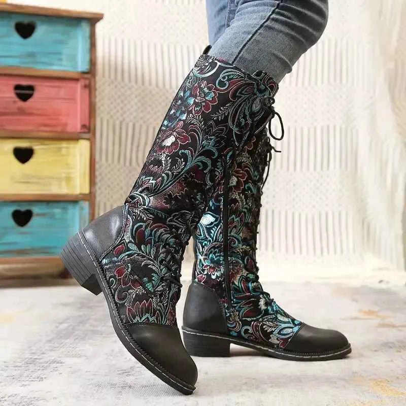 Embroidered Lace-Up Knee High Boots