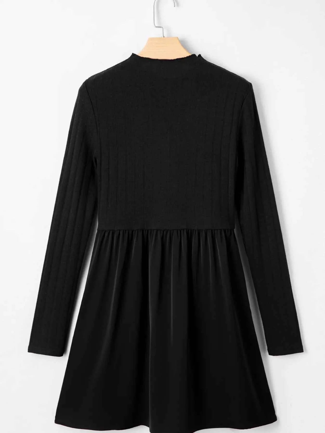 Frilled Neck Ribbed Knit Patchwork Long Sleeve Mini Dress